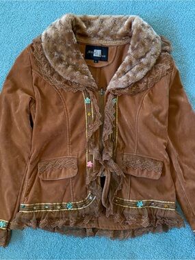 Vintage Silver Kiss Jacket Faux Fur Trim Lace Ruffled Fairy Grunge Large Y2K